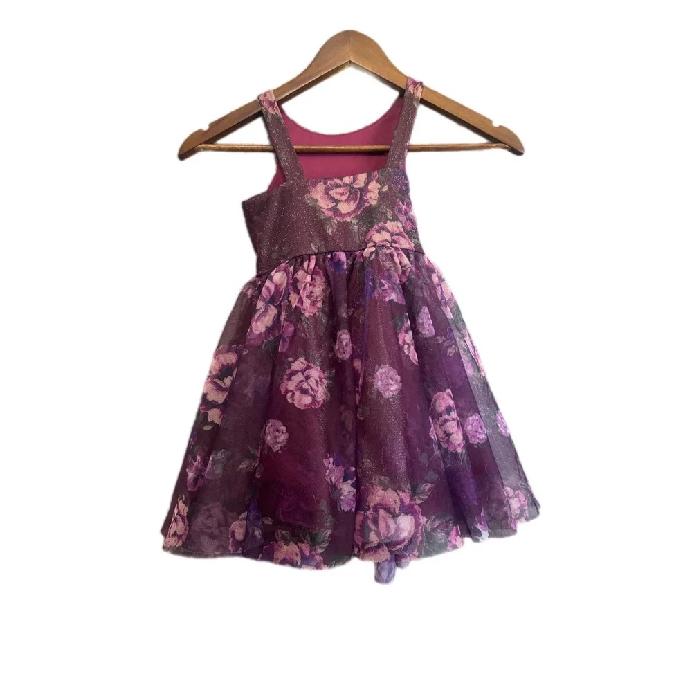 Zenzi Floral Party‎ Dress Girls XS 4/5 Purple Glitter Mesh Velvet Trim Excellent